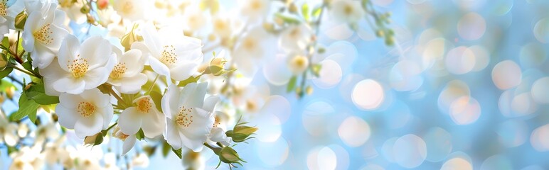 Fototapeta premium Springtime White Flowers & Blue Sky Banner