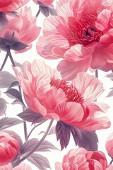 A detailed floral pattern featuring pink peonies on a white background, highlighting natural beauty and design.