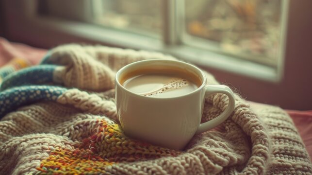 Coffee cup and old scarf in retro filter photo