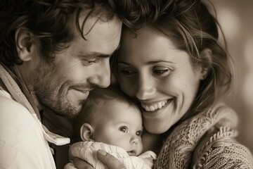 A man and woman sharing a loving moment with their baby, captured in a candid, sepia-toned photograph