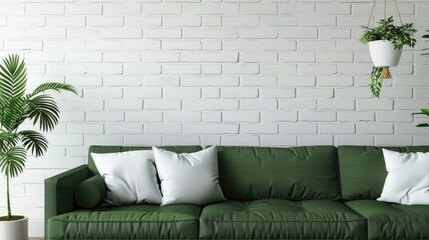 Mock up design with green sofa and white brick wall pillows included