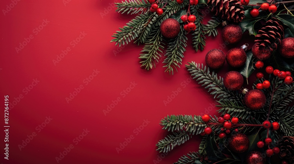 Canvas Prints festive holiday arrangement with red background fir branches red ornaments and empty space