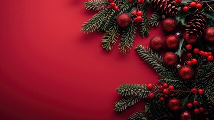 Festive holiday arrangement with red background fir branches red ornaments and empty space