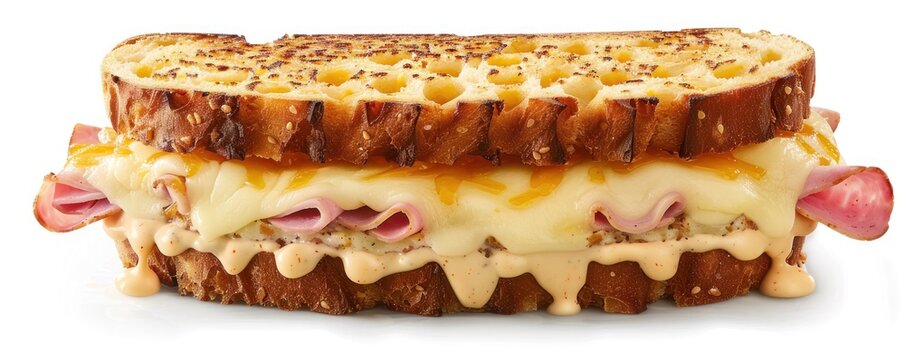 A classic sandwich with ham, cheese, and chamel sauce. Isolated on pure white background