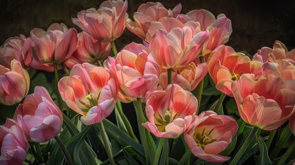 Pink tulips in large beautiful bunch shaded