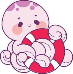 Cute Kawaii Happy Octopus Vector Icon set.
Baby octopus with fish and ship in the sea.
Dreamy and very cute jellyfish swimming in the ocean.