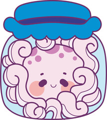 Cute Kawaii Happy Octopus Vector Icon set.
Baby octopus with fish and ship in the sea.
Dreamy and very cute jellyfish swimming in the ocean.