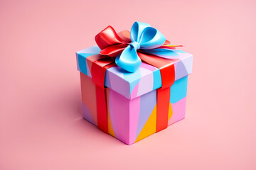 Obraz premium Colorful Gift Box with Red and Blue Bow on Pink Background