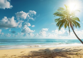 Tropical Beach with Palm Tree and Sunny Sky