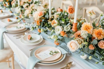 Fototapeta premium The stunning table setting, decorated with luxurious flowers and shiny cutlery, created a beautiful scene at the wedding reception.