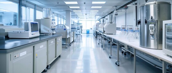 Fototapeta premium Vaccine production facility, bright and clean, sleek design, advanced machinery, sterile lab environment
