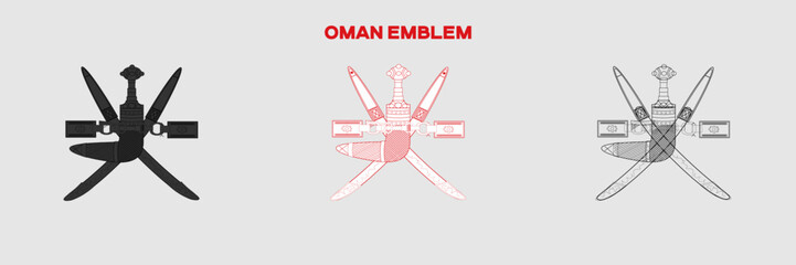Oman Emblem Vector Pack. Emblem with Flag. Gray Emblem Silhouette. Gray Outline Emblem. Editable EPS file.