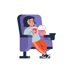 Girl with popcorn and soda in a chair. Vector isolated illustration.