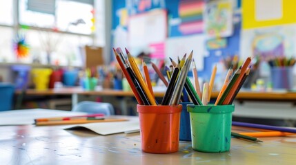 Coloring tools in containers on desk in art room Crafting environment for projects and activities Focus on details