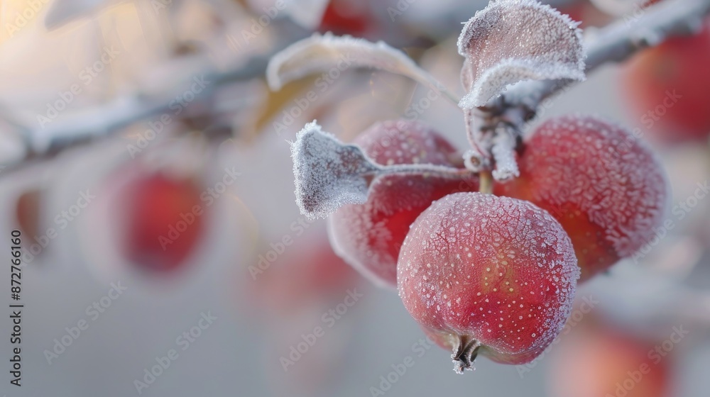 Poster close up of red crab apple covered in hoarfrost with blurred background