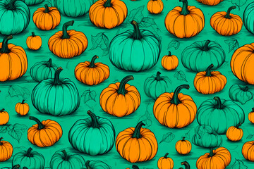 Orange and Green Pumpkins on a Teal Background