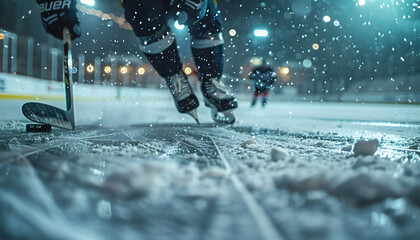 Recreation of skates of a ice hockey player with stick and puck