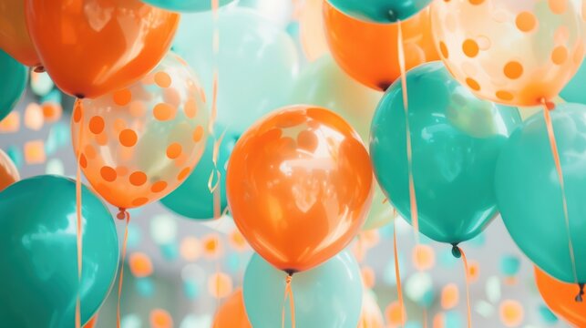 Festival party with orange and teal balloons, bright carnival banner, lively and colorful theme