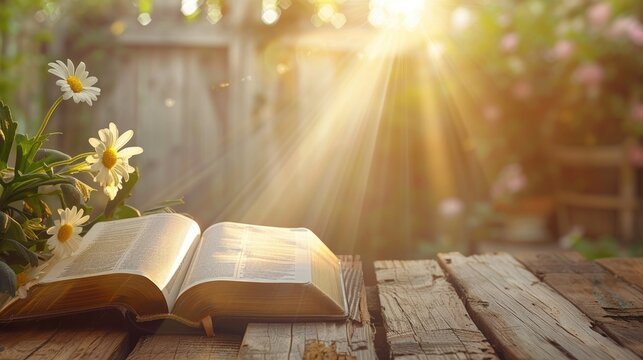 Christian background with open Bible flower and sunlight on wooden table