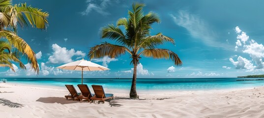 Naklejka premium Tropical Beach Paradise with Palm Trees and Lounge Chairs