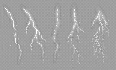 Lightning. Thunder storm realistic lightning. Bright light effects. Lightning bolt set Magic and bright light effects. Vector illustration	