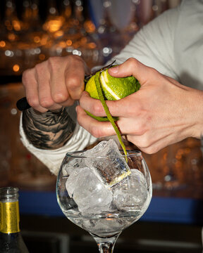 elaboraci&oacute;n de coctel y copas en un pub o bar de copas, cocteler&iacute;a gintonic