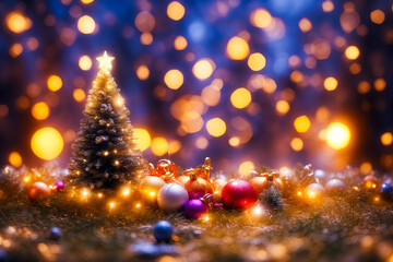 Christmas Tree and Ornaments with Bokeh Lights