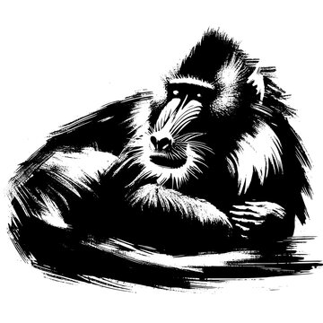 baboon; mandrill monkey in illustration in brush stroke painting