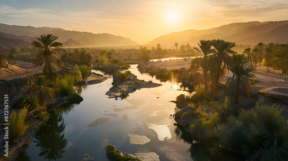 Canvas Prints a sunset over a river with a mountain in the background