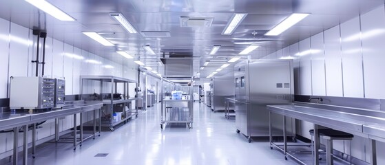 Bright and clean vaccine production facility, sleek design, advanced machinery, sterile lab environment