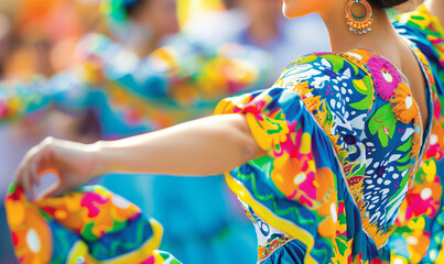 Hispanic Woman Dancing in Colorful Dress at Cultural Festival, Dancing on the Street, Celebrating Ethnic Heritage and Summer.