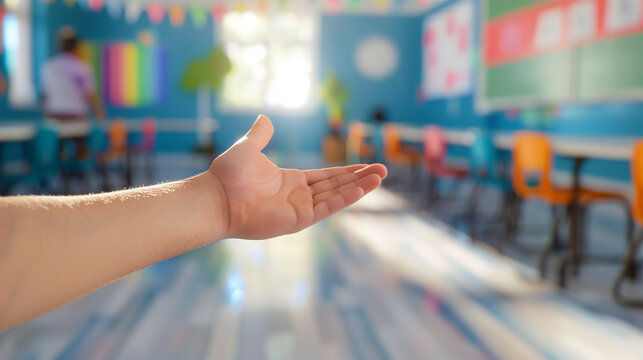 Woman Inviting to Colorful Classroom, Preschool Playroom, Interactive Educational Setup for Early Childhood Learning.