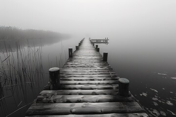 Obraz premium Serene alpine lake with a small island and misty mountains reflected in clear water.