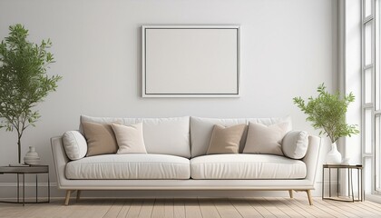 Home Living Design: Decorative Sofa and White Canvas Poster