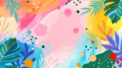 Colorful Abstract Pastel Watercolor Background with Pink and Green Foliage, Ideal for Spring and Summer Themes