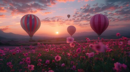Fototapeta premium Flying hot air balloons and purple flowers