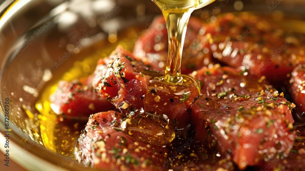 Wall mural marinating raw meat with honey olive oil and mustard for baking