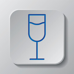 Glass of champagne simple icon vector. Flat design. Paper cut design. Cutted blue symbol with shadow. Gray badge button, gray background