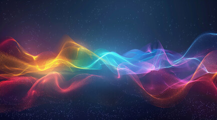 Fototapeta premium Abstract data visualization with colorful glowing waves and a night sky, representing digital sound waves.
