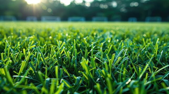 Short green grass on sports field with copy space in close up photo
