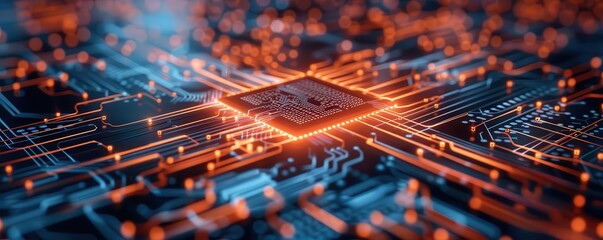 A close-up of a computer chip with glowing orange and blue lights.
