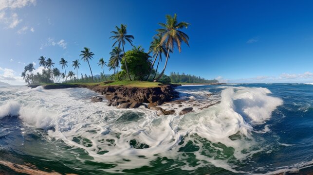 Tranquil seascape  azure ocean, lush palm trees on solitary island, foamy waves invite serenity