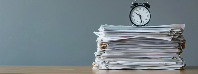 Stack of office documents with alarm clock on wooden table Concept of business Time management deadline ultimatum or work overload and stress during paperwork copy space for text 