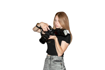 Young woman taking photo on digital camera isolated