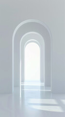 White background with an arched door, light sky, and white floor, minimalist style with space for text in the center.
