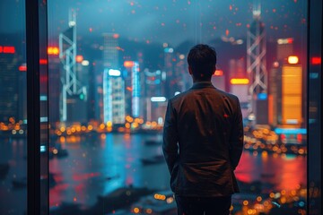 An office worker standing by a window, gazing out at the city skyline with a troubled expression, pondering the uncertainties and insecurities of their professional life 