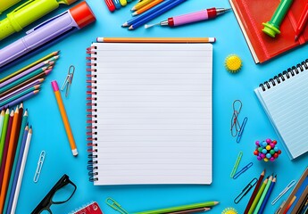 Blank Notebook Paper Surrounded by Colorful School Supplies