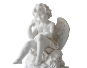 A white marble statue of a cherub sitting on a rock, child angel with large wings, classical style, front view, full body shot, on a transparent background.