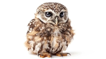 Naklejka premium Charming wild owl with fluffy feathers on white background