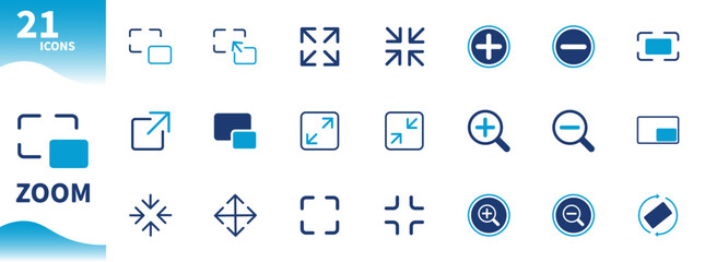 Zoom icon. Set of icons for screen ratio, expand, shrink screen, increase, decrease,...